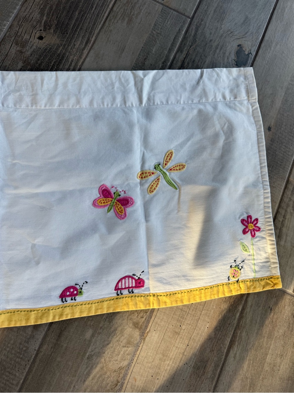 Pottery Barn Kids 2 Curtain Valance Yellow Trim & Embroidered Bugs Butterflies